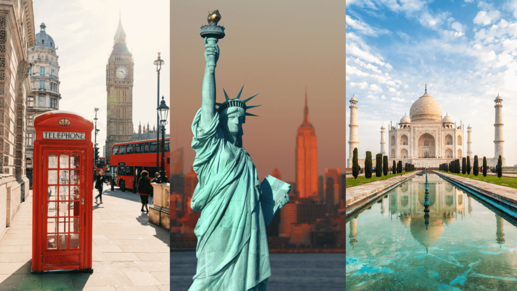 Collage of 3 cities, London showing the Big Ben, New York showing the Statue of Liberty and Agra showing the Taj Mahal