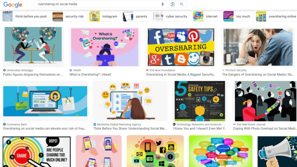 Screenshot of Google showing oversharing on social media